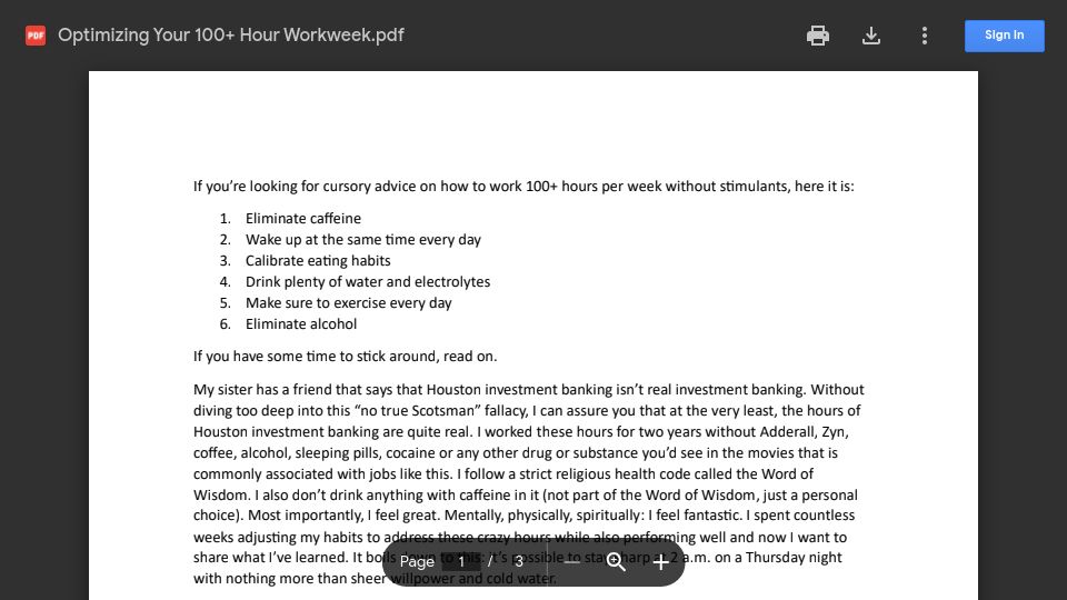 Screenshot of drive.google.com: How to work 100 hours per week