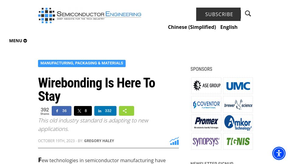 Screenshot of semiengineering.com: Wirebonding is here to stay
