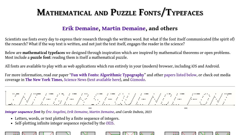 Screenshot of erikdemaine.org: Mathematical and puzzle fonts/typefaces