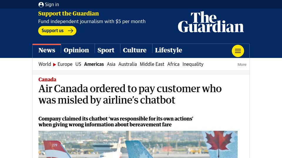 Screenshot of theguardian.com: Air Canada ordered to pay customer who was misled by airline's chatbot