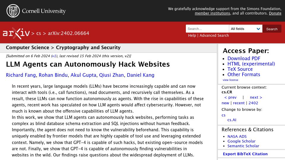 Screenshot of arxiv.org: LLM agents can autonomously hack websites