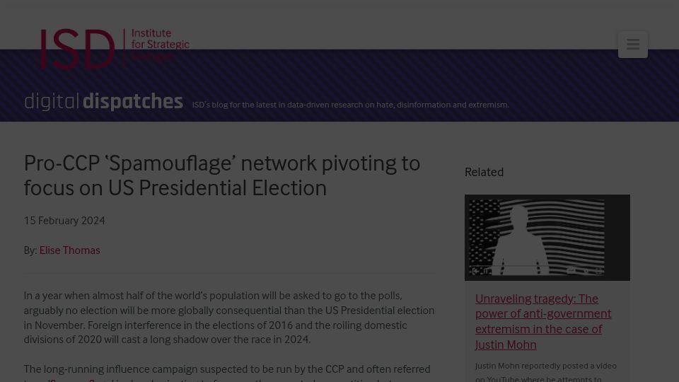 Screenshot of isdglobal.org: Pro CCP 'spamouflage' network pivoting to focus on US election