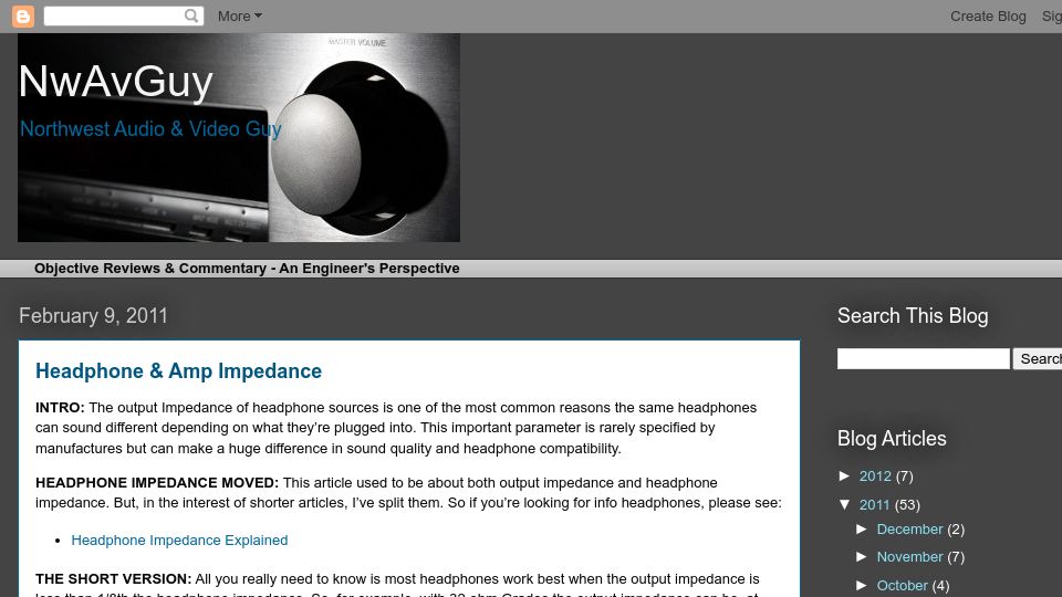 Screenshot of nwavguy.blogspot.com: Headphone and Amp Impedance (2011)