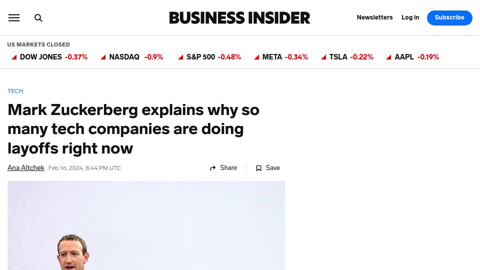 Screenshot of businessinsider.com: Mark Zuckerberg explains why so many tech companies are doing layoffs