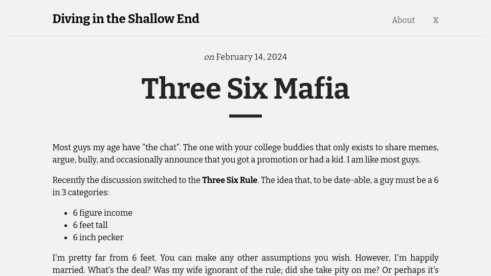 Screenshot of divingintheshallowend.com: Three Six Mafia: A silly look at the value of an inch downstairs