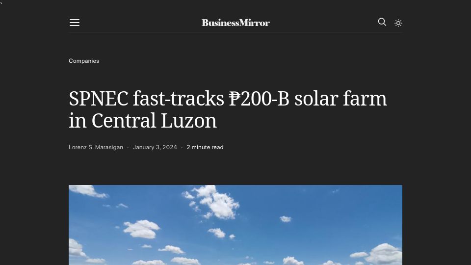 Screenshot of businessmirror.com.ph: Spnec fast-tracks ₱200B solar farm in Central Luzon