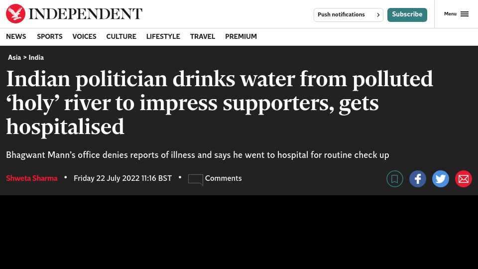 Screenshot of independent.co.uk: Indian politician drinks water from polluted 'holy' river, gets hospitalised
