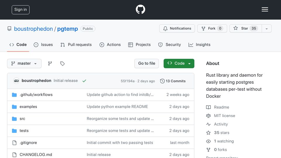 Screenshot of github.com: Pgtemp: The easiest way to write tests with Postgres in Rust, without Docker