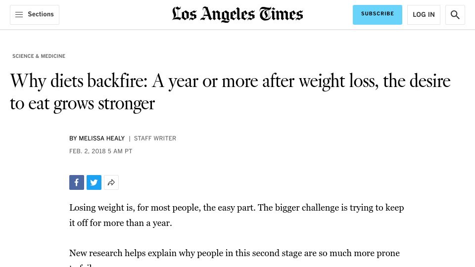 Screenshot of latimes.com: Why diets backfire: A year after weight loss, the desire to eat grows (2018)
