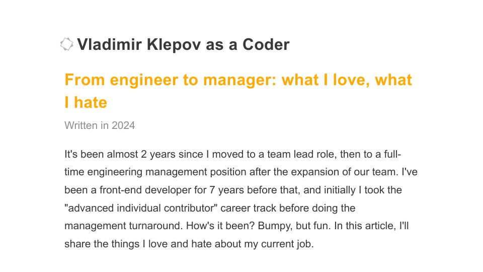 Screenshot of thoughtspile.github.io: From engineer to manager: what I love, what I hate