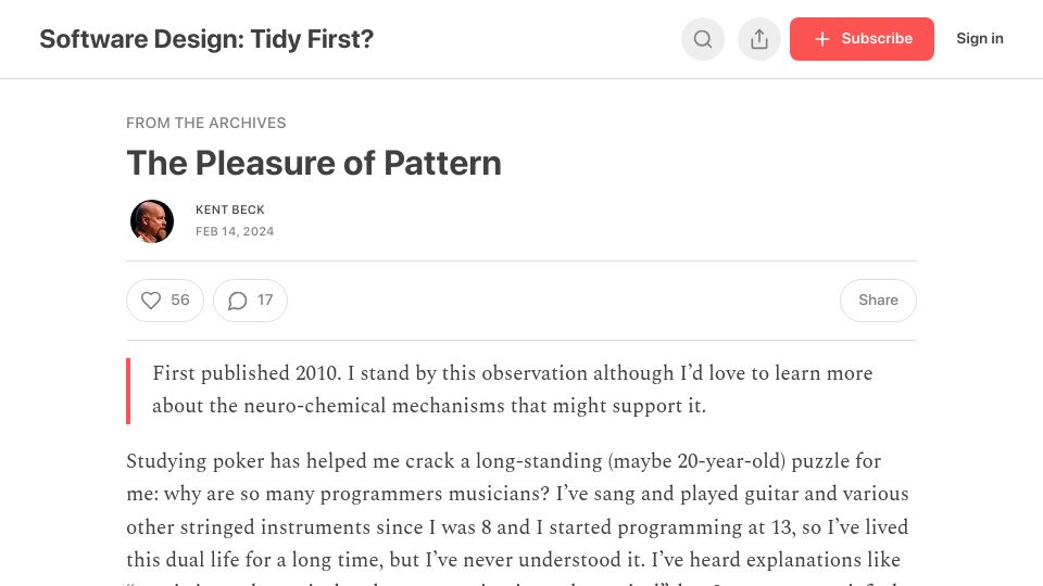 Screenshot of tidyfirst.substack.com: The Pleasure of Pattern