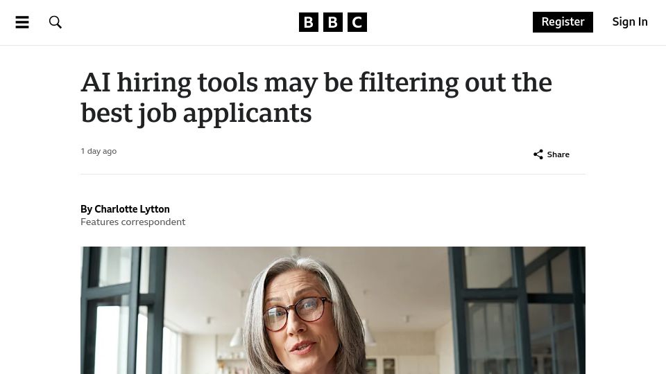 Screenshot of bbc.com: AI hiring tools may be filtering out the best job applicants