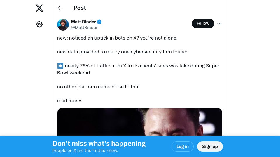 Screenshot of twitter.com: 76% of Traffic from X to Clients' Sites Was Fake During Super Bowl Weekend