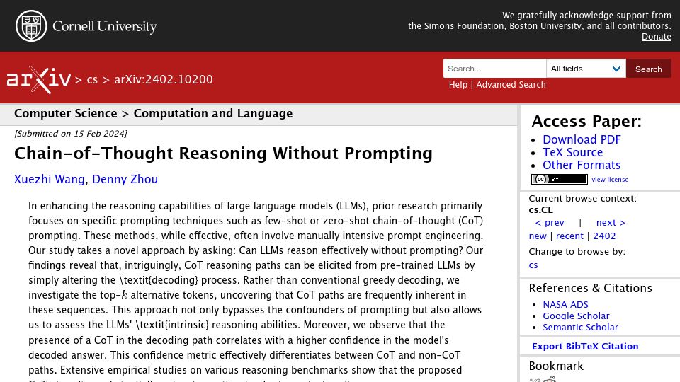Screenshot of arxiv.org: Chain-of-Thought Reasoning Without Prompting