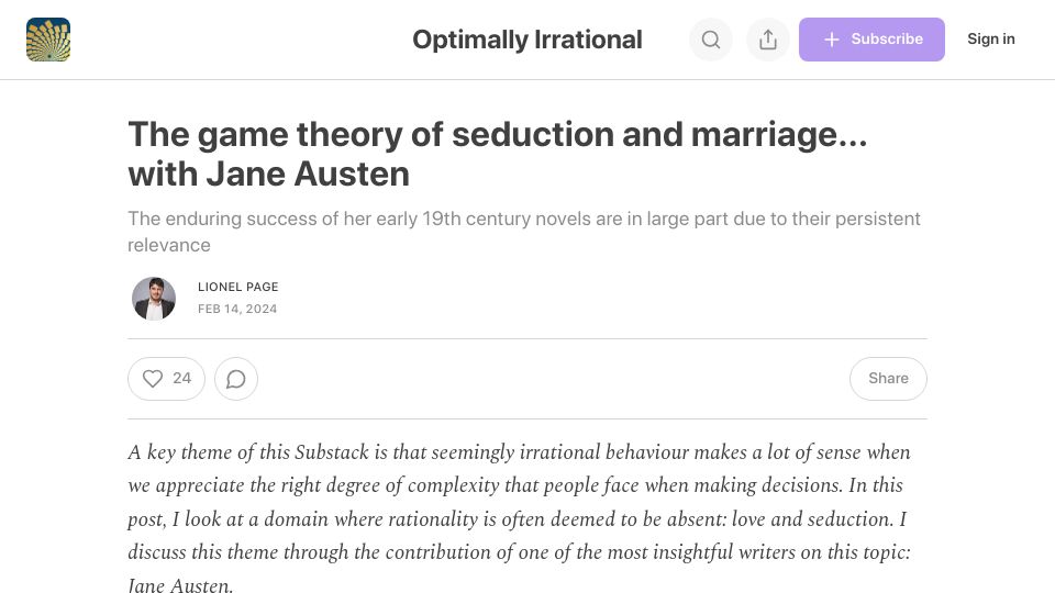 Screenshot of optimallyirrational.com: The game theory of seduction and marriage with Jane Austen