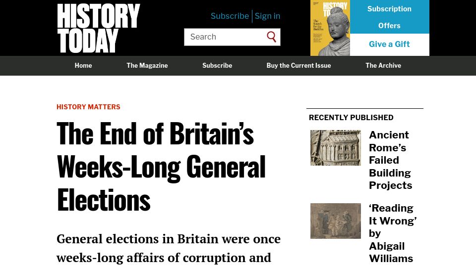 Screenshot of historytoday.com: The end of Britain's weeks-long general elections