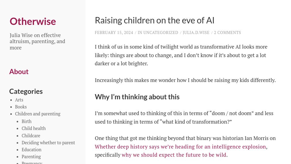 Screenshot of juliawise.net: Raising Children on the Eve of AI