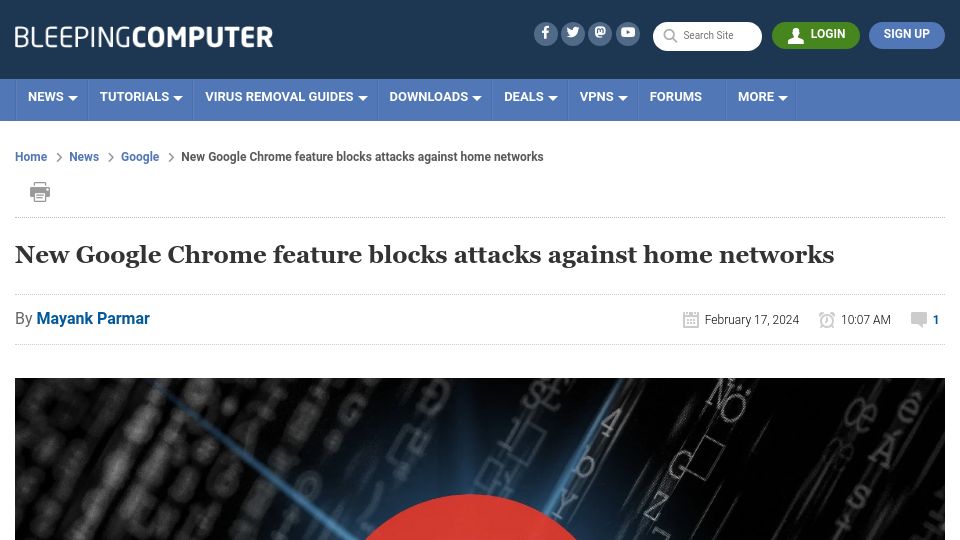 Screenshot of bleepingcomputer.com: New Google Chrome feature blocks attacks against home networks