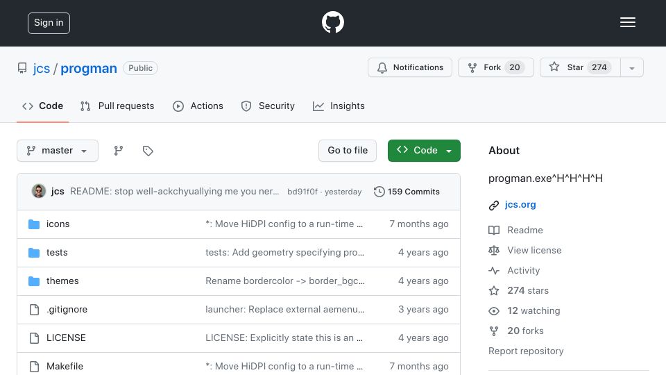 Screenshot of github.com: Progman: X11 WM modeled after Program Manager from the Windows 3 era