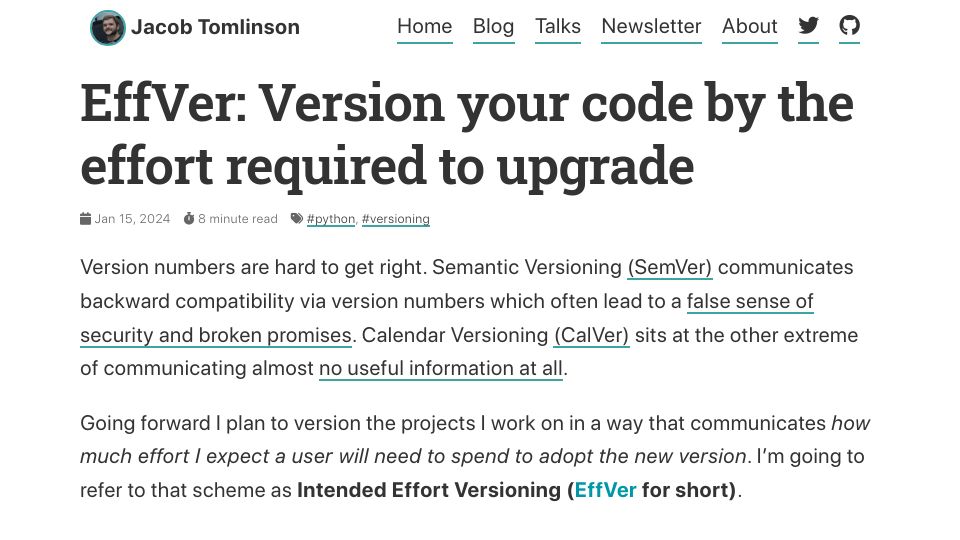 Screenshot of jacobtomlinson.dev: EffVer: Version your code by the effort required to upgrade