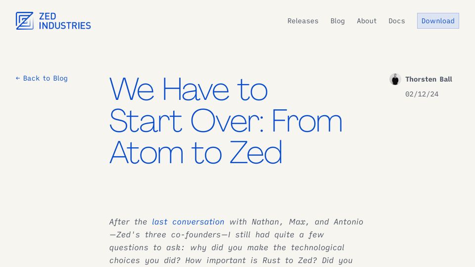 Screenshot of zed.dev: We Have to Start Over: From Atom to Zed