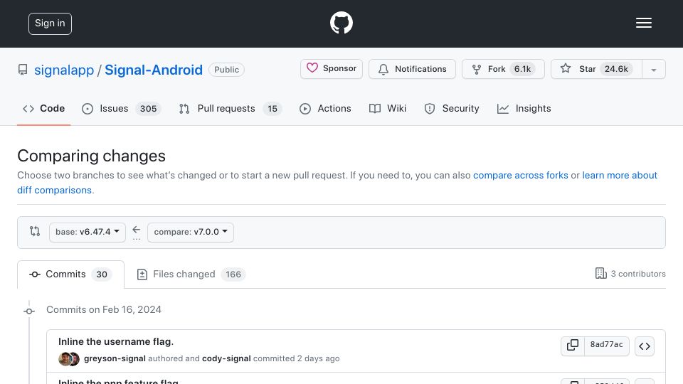 Screenshot of github.com: Signal v7.0.0 with phone number privacy