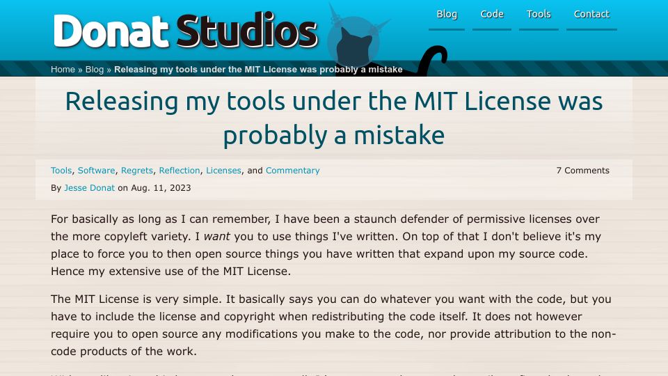 Screenshot of donatstudios.com: Releasing my tools under the MIT License was probably a mistake (2023)