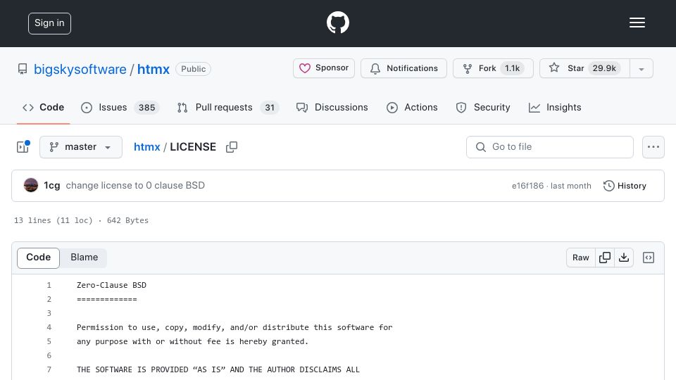 Screenshot of github.com: Htmx become 0 clause BSD-licensed