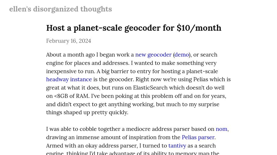 Screenshot of blog.ellenhp.me: Show HN: Host a planet-scale geocoder for $10/mo