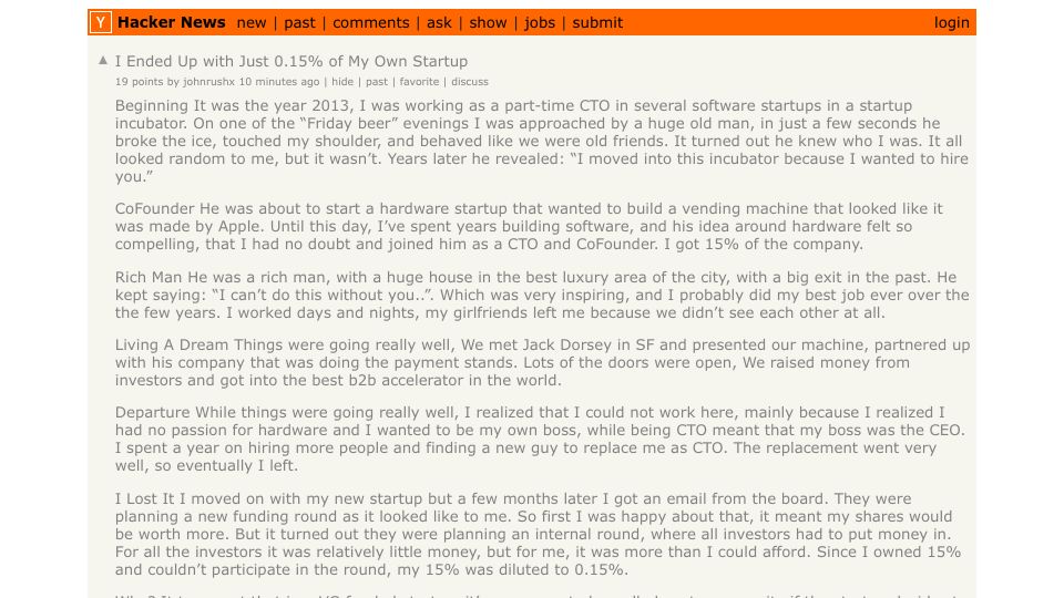 Screenshot of Hacker News post: I Ended Up with Just 0.15% of My Own Startup
