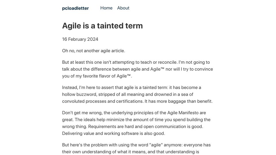 Screenshot of pcloadletter.dev: Agile Is a Tainted Term