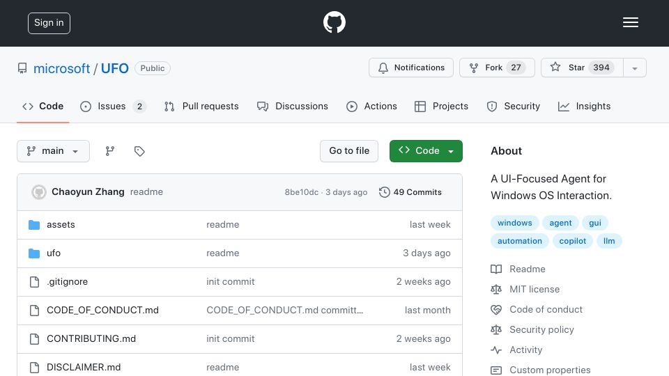 Screenshot of github.com: UFO: A UI-Focused AI Agent for Windows OS Interaction