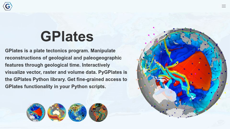 Screenshot of gplates.org: GPlates: Open-source software for interactive visualisation of plate tectonics