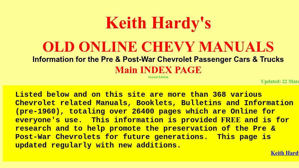 Screenshot of chevy.oldcarmanualproject.com: Old Online Chevy Manuals