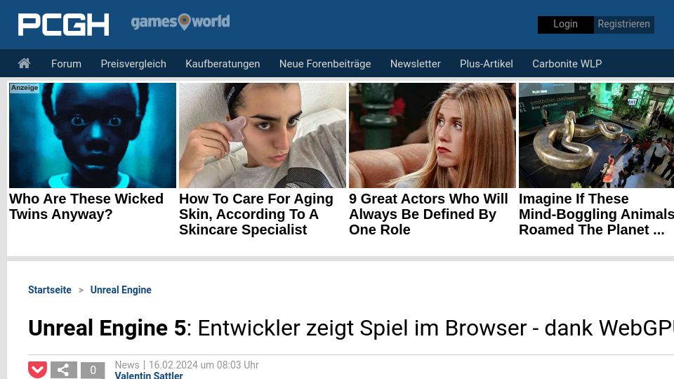 Screenshot of pcgameshardware.de: Unreal Engine 5 can now run in a web browser