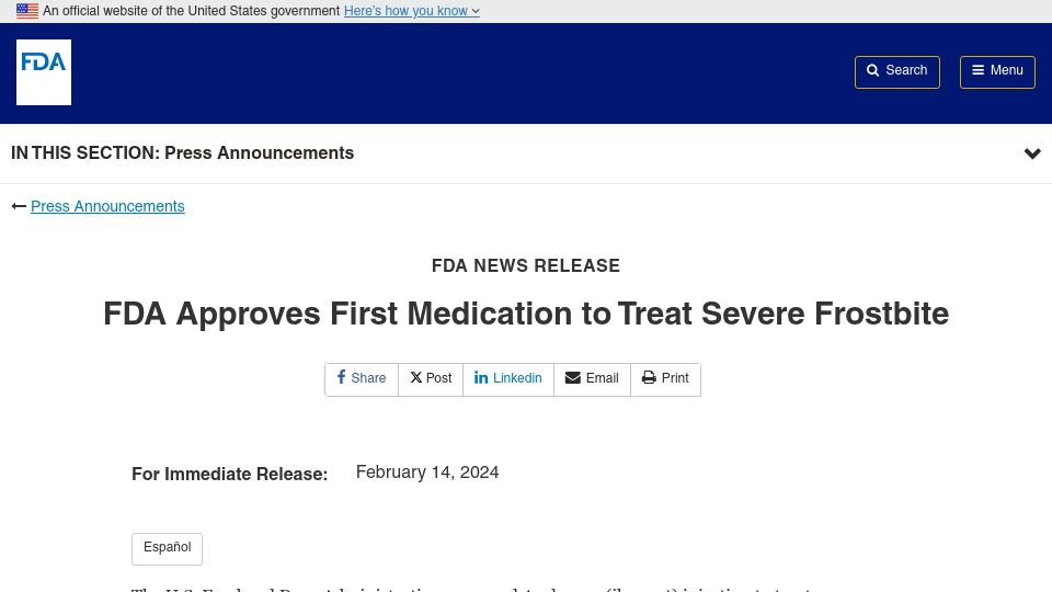 Screenshot of fda.gov: FDA Approves First Medication to Treat Severe Frostbite
