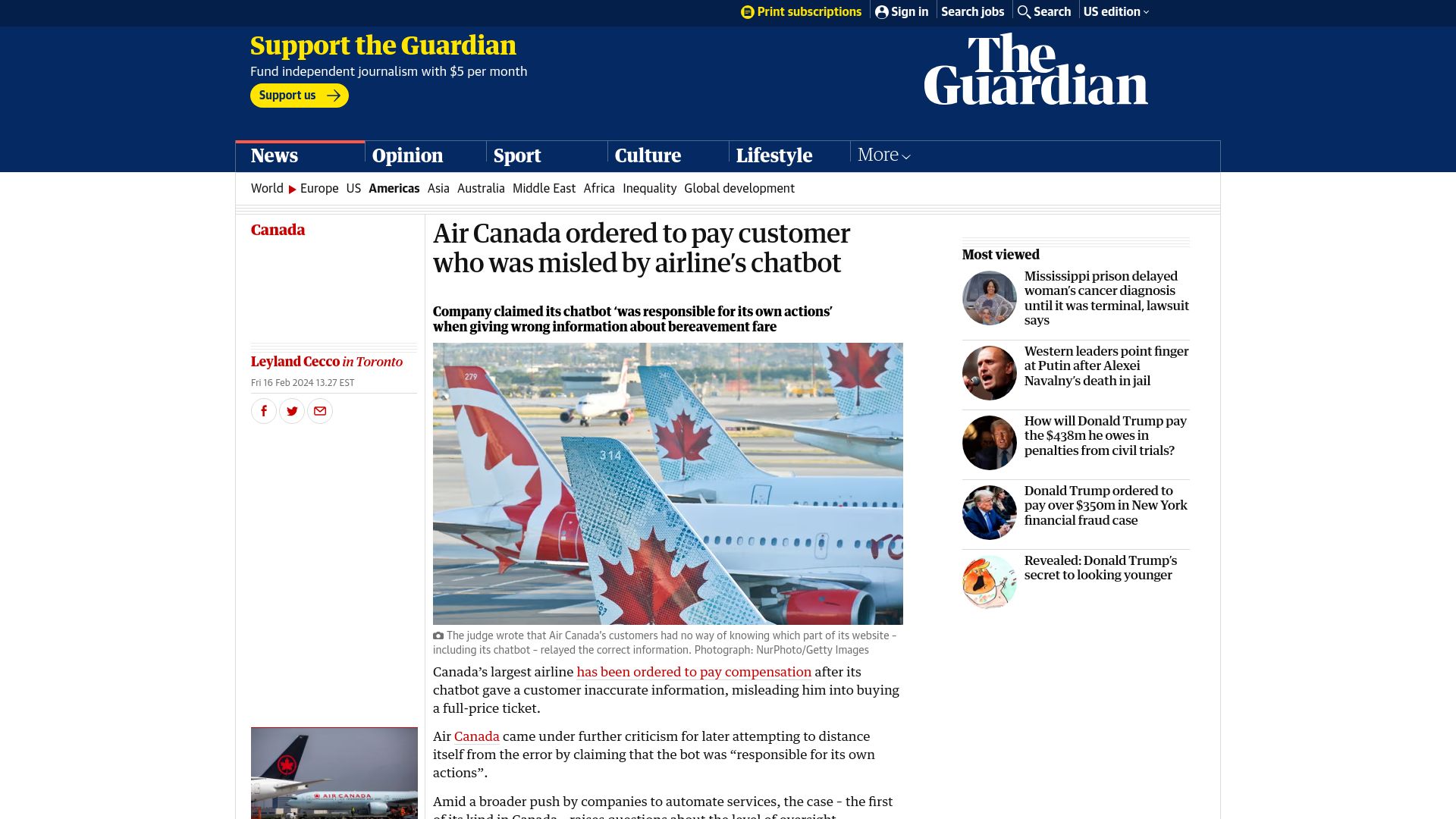 Screenshot of theguardian.com: Air Canada ordered to pay customer who was misled by airline's chatbot