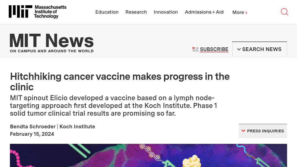 Screenshot of news.mit.edu: Hitchhiking cancer vaccine makes progress in the clinic