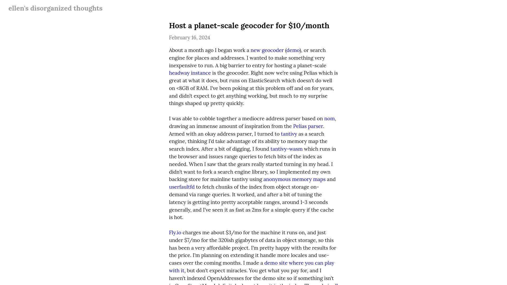 Screenshot of blog.ellenhp.me: Show HN: Host a planet-scale geocoder for $10/mo