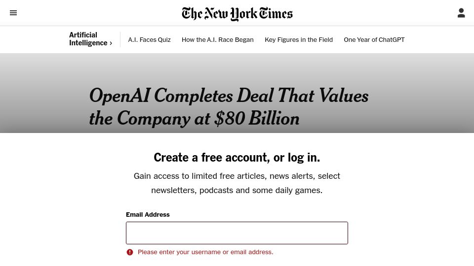 Screenshot of nytimes.com: OpenAI Completes Deal That Values the Company at $80B