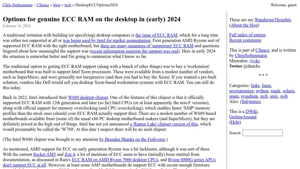 Screenshot of utcc.utoronto.ca: Options for genuine ECC RAM on the desktop in (early) 2024