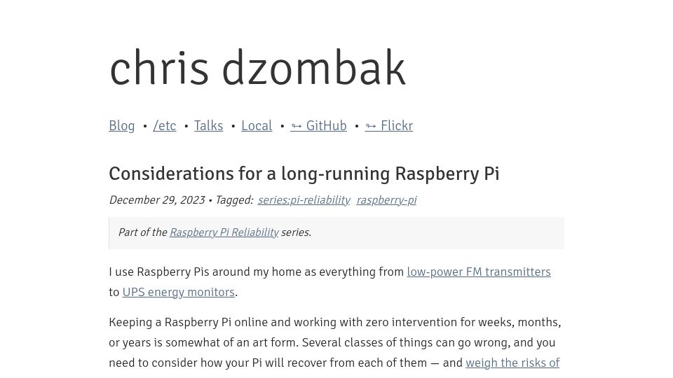 Screenshot of dzombak.com: Considerations for a long-running Raspberry Pi
