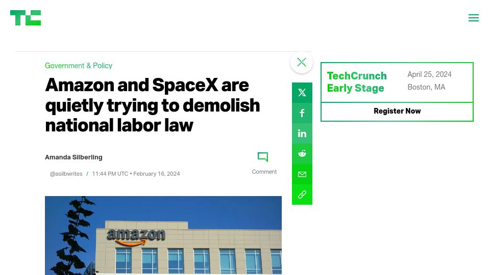 Screenshot of techcrunch.com: Amazon and SpaceX are quietly trying to demolish national labor law