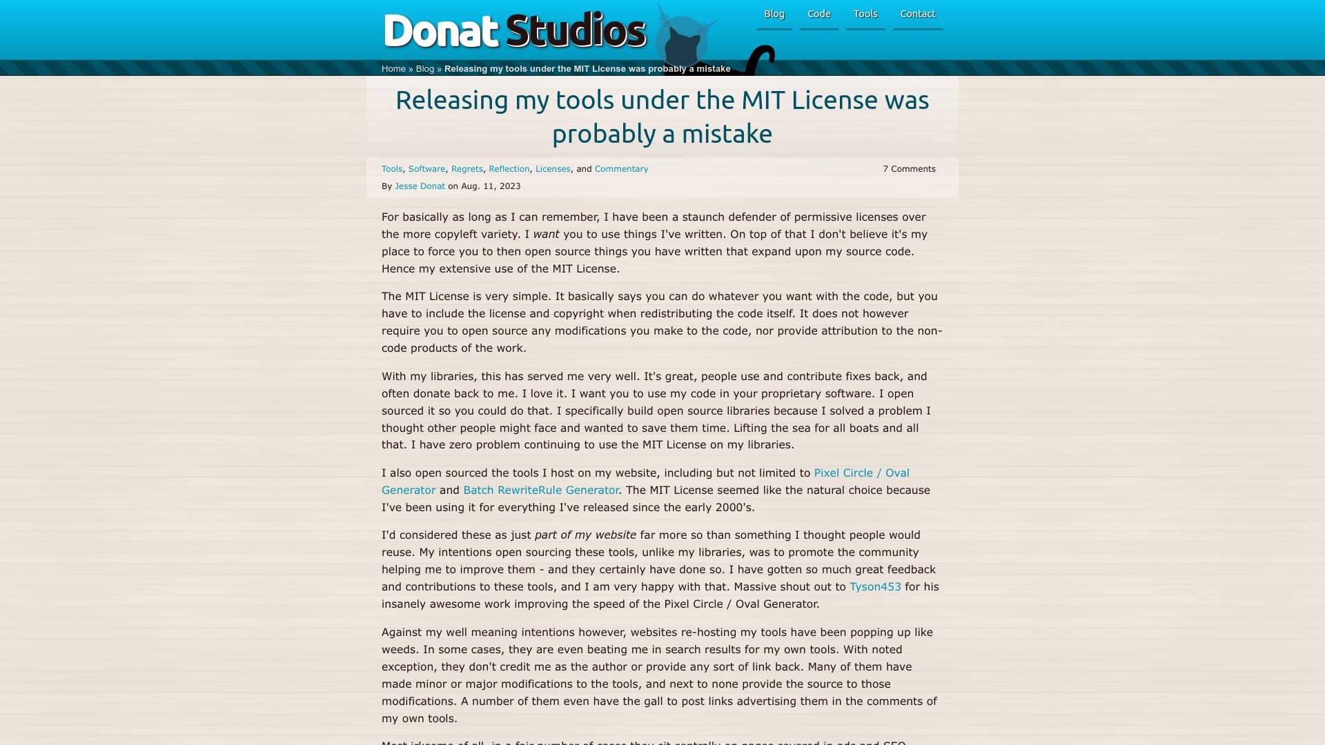 Screenshot of donatstudios.com: Releasing my tools under the MIT License was probably a mistake (2023)