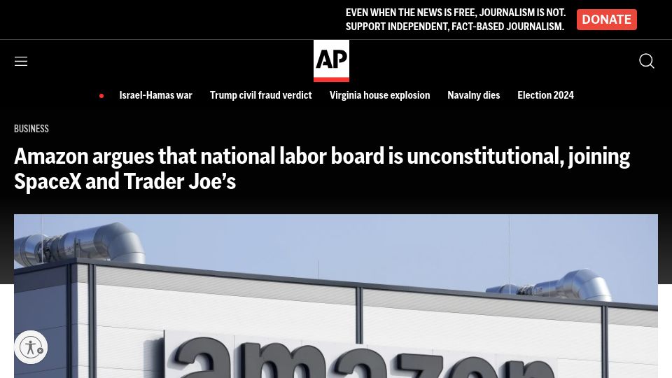Screenshot of apnews.com: Amazon argues that national labor board is unconstitutional