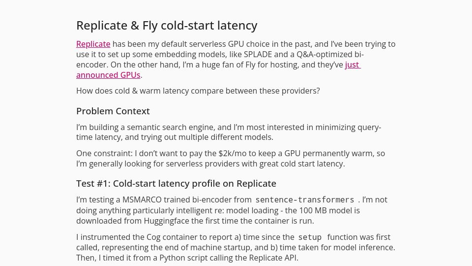 Screenshot of venki.dev: Replicate vs. Fly GPU cold-start latency