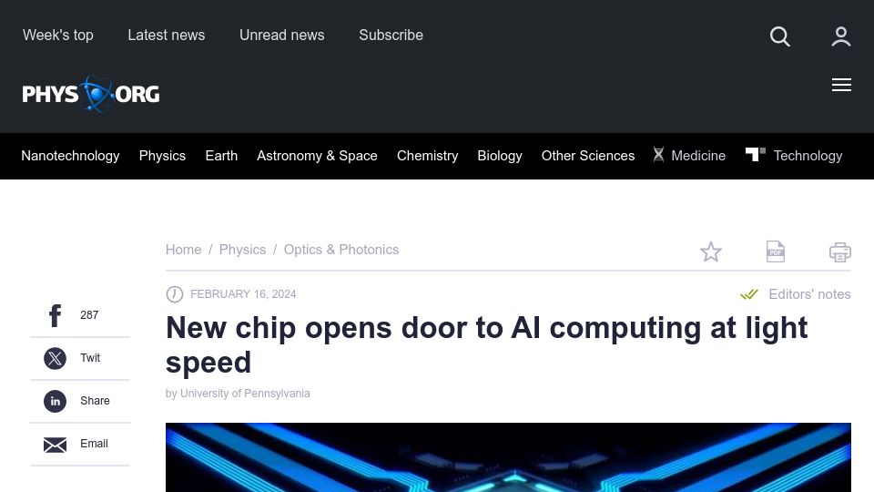 Screenshot of phys.org: New chip opens door to AI computing at light speed