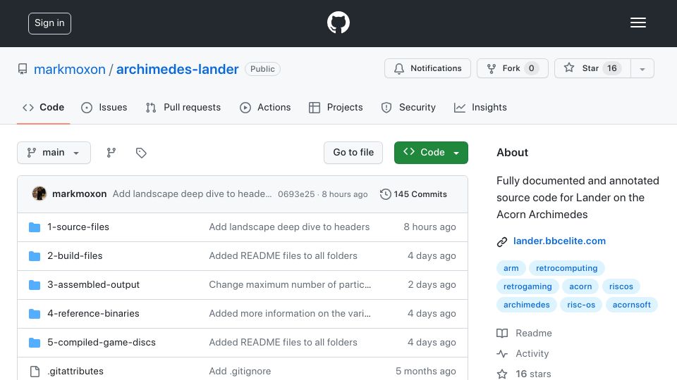 Screenshot of github.com: Fully documented source code for Lander on the Acorn Archimedes