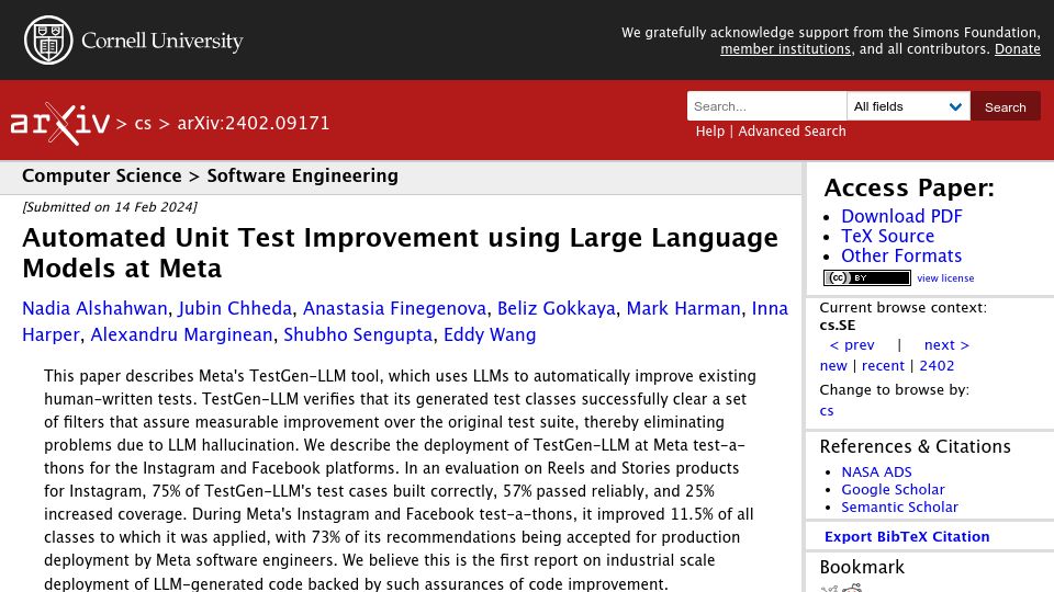 Screenshot of arxiv.org: Automated Unit Test Improvement Using Large Language Models at Meta