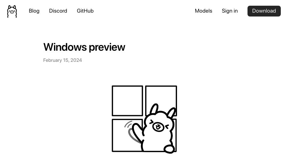 Screenshot of ollama.com: Ollama is now available on Windows in preview